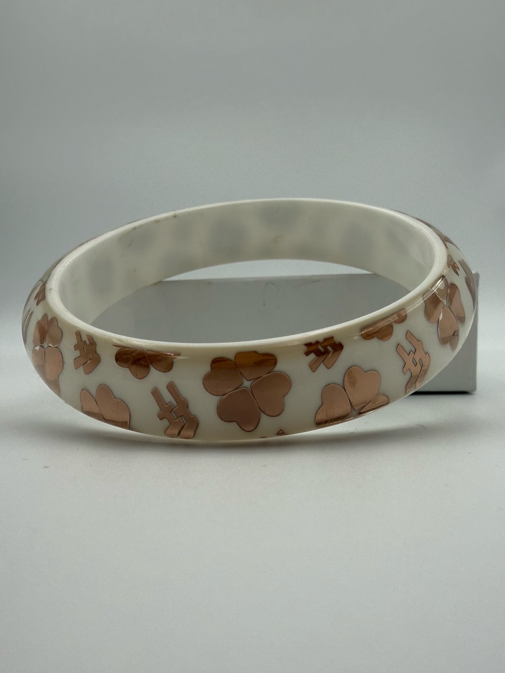 White Resin Bangle with Rose Gold Clover Accents